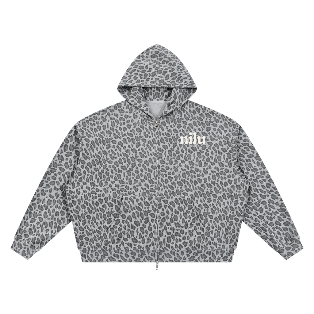 Unisex Leopard Print Waffle Full Zip Hoodie
